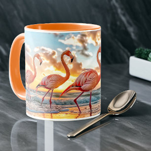 Taza Flamencos rosados puesta de sol en la playa del oc