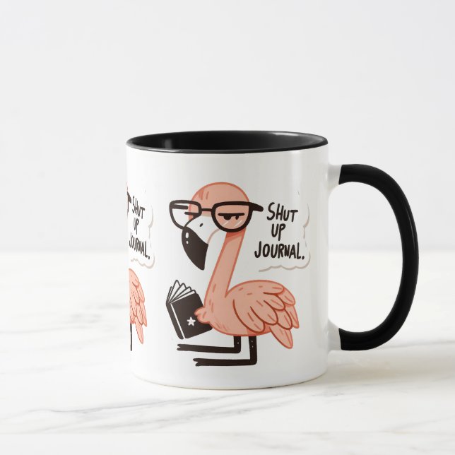 Taza Flamingo leyendo un diario - "Cállate, Journal" (Derecha)