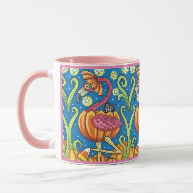 TAZA FLAMINGO ROJO DE HALLOWEEN Y GATO NEGRO EN PUMPKIN (Izquierda)