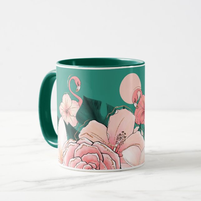 Taza Flamingos Tropicales de Floral Florida Jardín Azul (Anverso izquierdo)