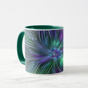 Taza Flor Abstracta Moderna Fractal Verde Púrpura