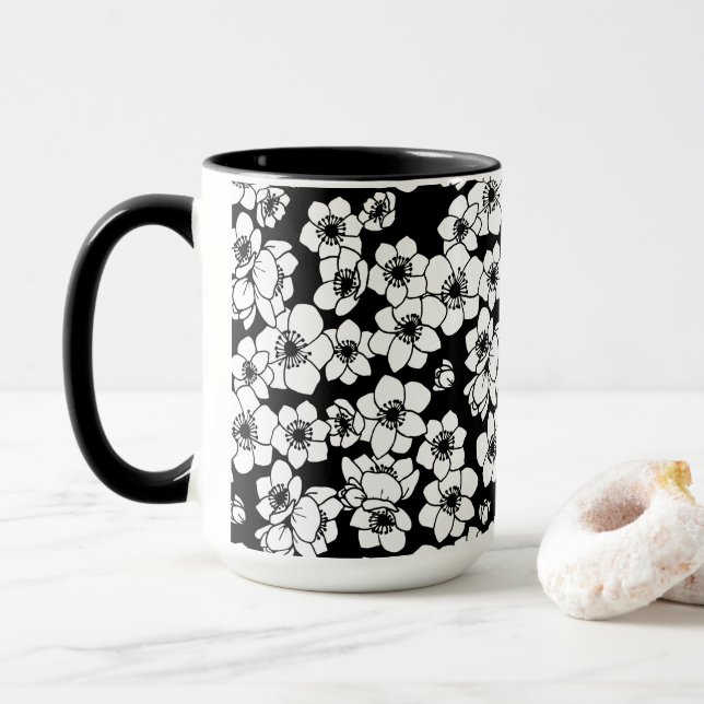 Taza Flor anémona en blanco y negro (Con donut)