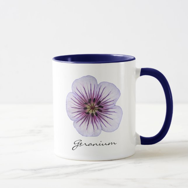 Taza Flor azul claro botánica del geranio con nombre (Derecha)