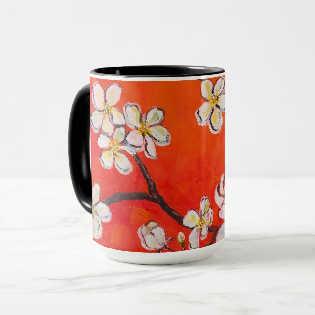 Taza Flor blanca florece en Naranja olor rojo a primave (Anverso izquierdo)