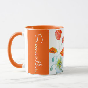 Taza Flor de Amapola Naranja Roja Acuarela Mujer Amapol