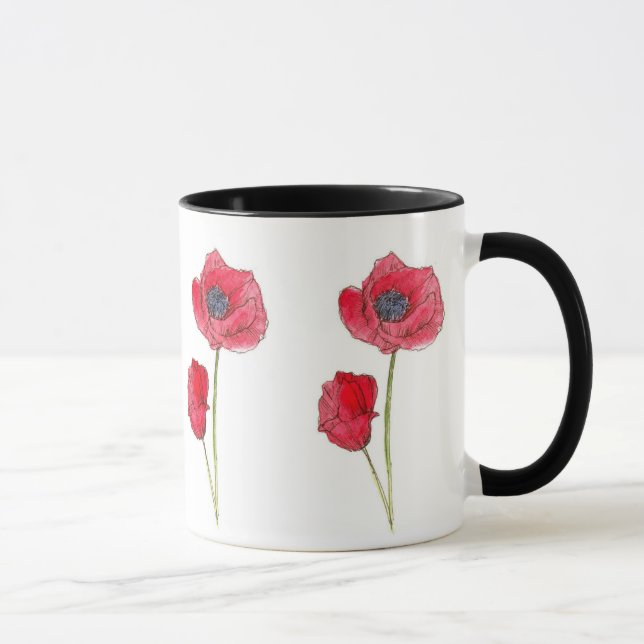 Taza Flor de amapola roja acuarela arte botánico (Derecha)