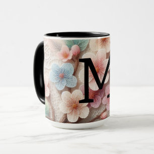 Taza Flor de cerezo rosa pastel de encaje con monograma