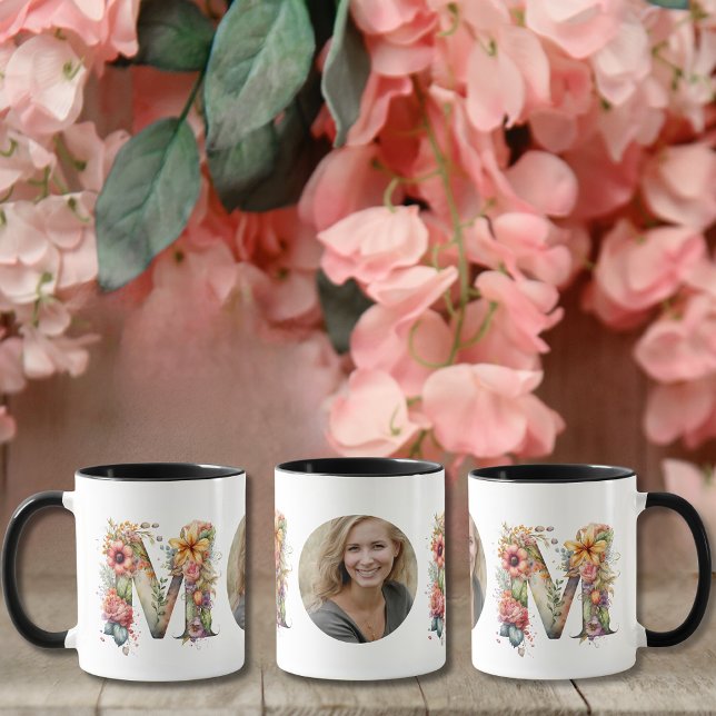 Taza Flor de Día de la Madre de MOM personalizada Foto  (Personalised MOM Mothers Day flower Photo Mug)