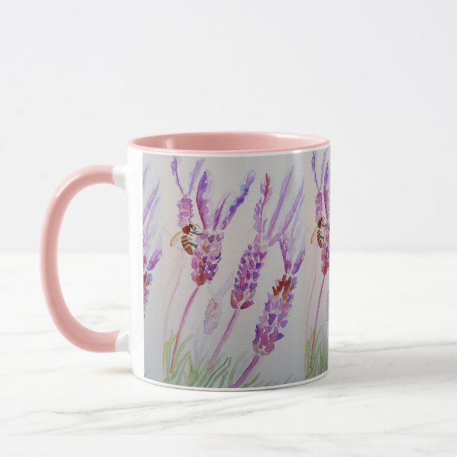 Taza Flor de lavanda y acuarela de abeja cumpleaños (Izquierda)