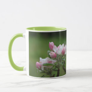 Taza flor de manzano y hojas verdes