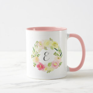 Taza Flor floral color rosa y amarillo   Monograma