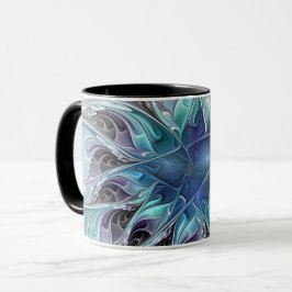 Taza Flor Fractal Moderna Con Azul