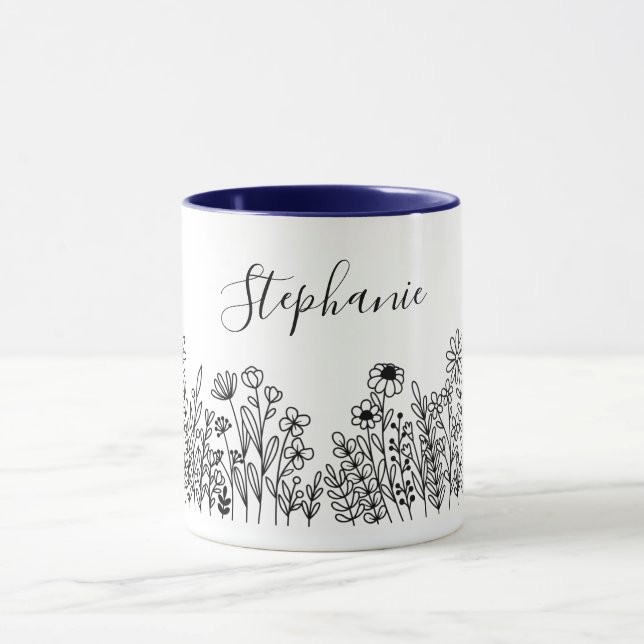 Taza Flor moderna de planta natural blanca y negra (Centro)