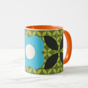Taza Flor Retro, Patrón Geo Azul Claro y Verde