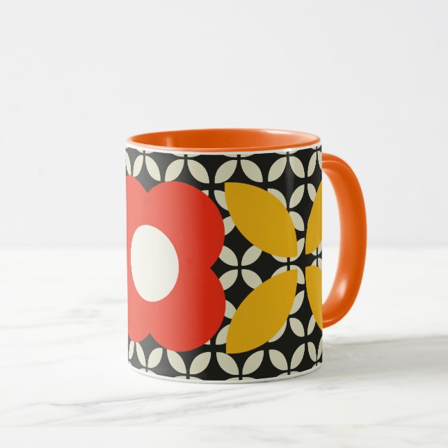 Taza Flor retro, patrón geográfico rojo y amarillo (Anverso derecho)
