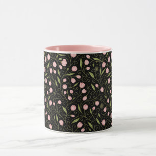 Taza Flor rosa y cúrcuta sobre negro con patrón de repe