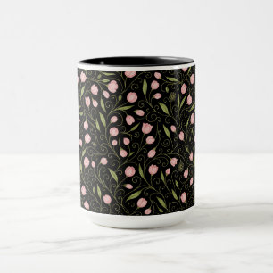Taza Flor rosa y cúrcuta sobre negro con patrón de repe