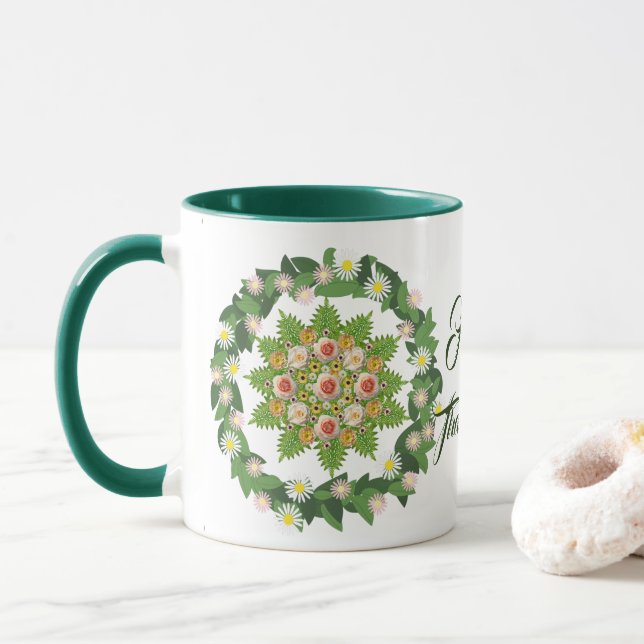 Taza Flora de guirnalda verde otoño deja feliz día de g (Con donut)