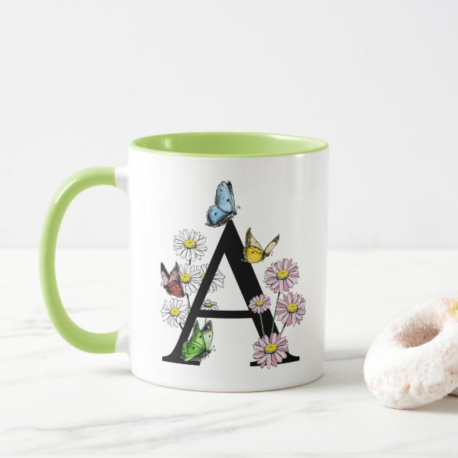 Taza Floral acuarela Mariposa Monograma A (Con donut)
