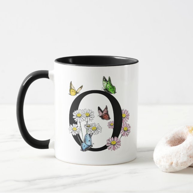 Taza Floral acuarela Mariposa Monograma O (Con donut)