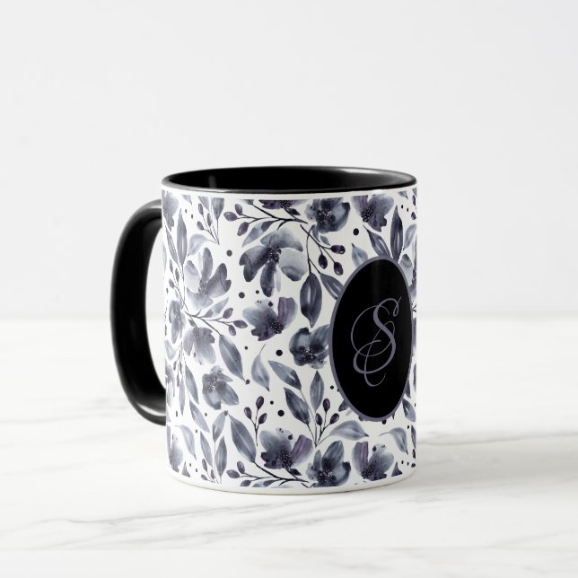 Taza Floral acuática moderna gris y violeta personaliza (Anverso izquierdo)
