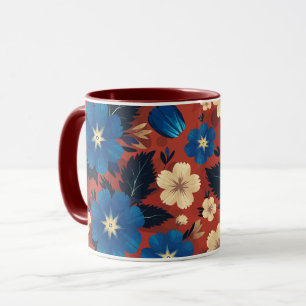 Taza Floral azul audaz y crema en fondo rojo