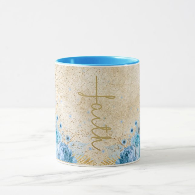 Taza Floral azul con cruz de fe de oro (Centro)