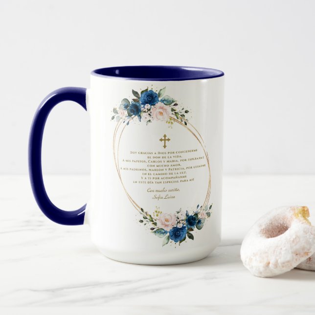 Taza Floral Azul Española Gracias Con Oración Bautizo (Con donut)