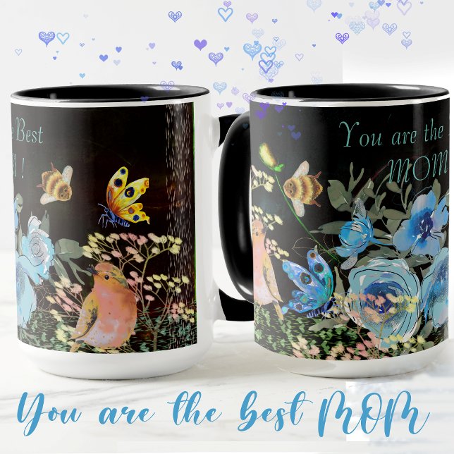 Taza Floral azul negro mejor mamá (Blue Floral Black Best Mom Mug)