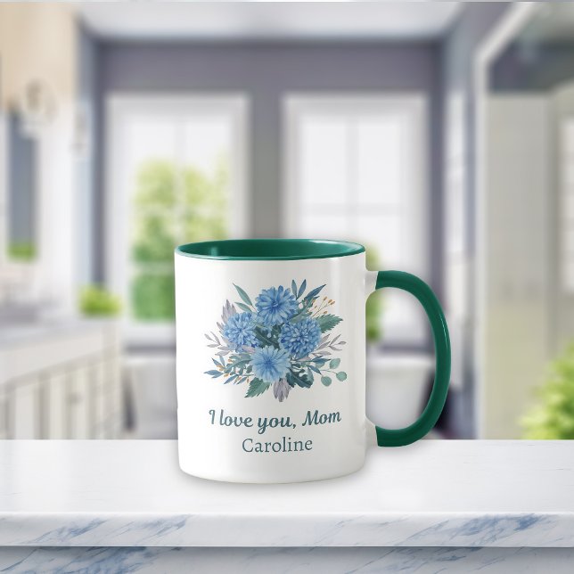 Taza Floral azul personalizada te amo a mamá (Subido por el creador)