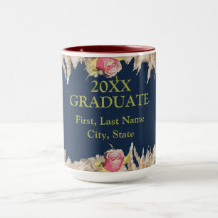 Taza Floral Azul y Dorado Personalizado, Graduación 202