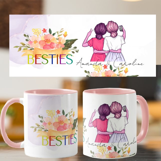Taza Floral Besties BFF Ilustracion Cute Mejor Amigos (Floral Besties BFF Cute Illustration Best Friends Mug)