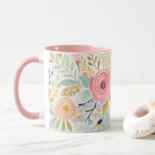 Taza Floral Botánico Acuarela Rosa Pastel Azul