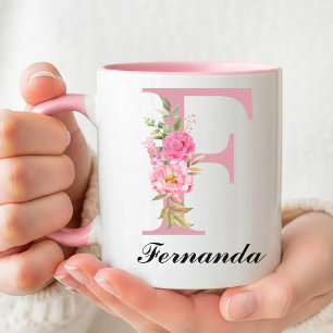 Taza floral con nombre inicial personalizado regal