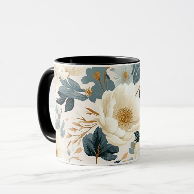 Taza Floral de color blanco y azul elegante (Anverso izquierdo)