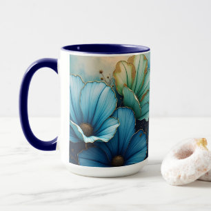 Taza Floral de cosmos verde azul