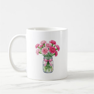 Taza floral de jarra de Mason de clavel en acuarel