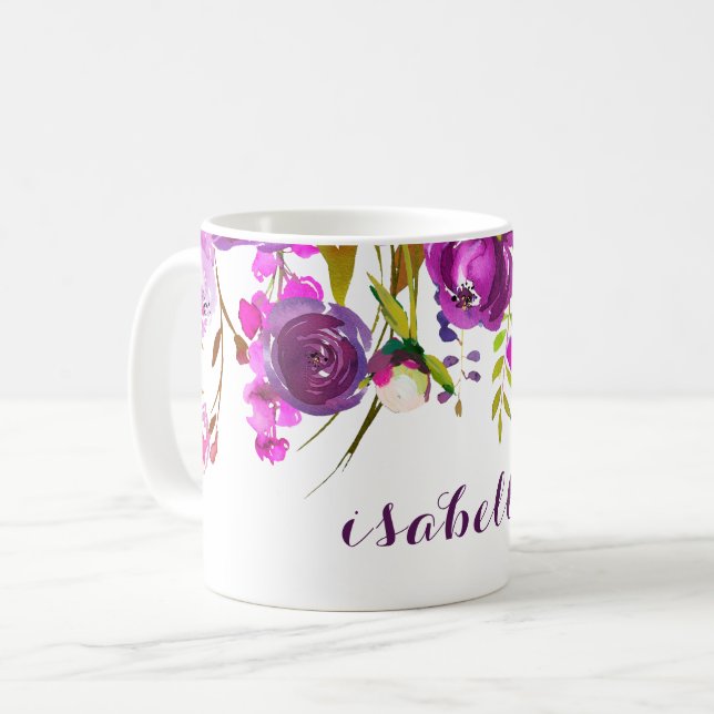 Taza floral de la acuarela púrpura bonita (Anverso izquierdo)