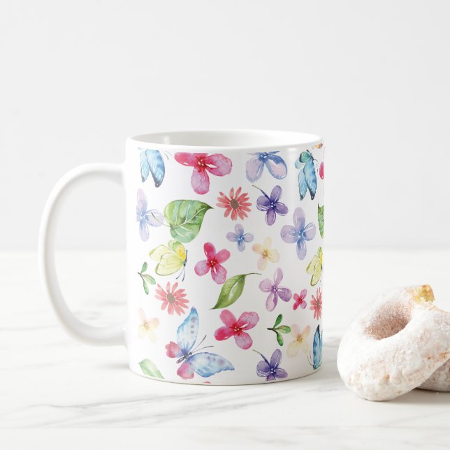 Taza floral de la primavera de la mariposa (Con donut)
