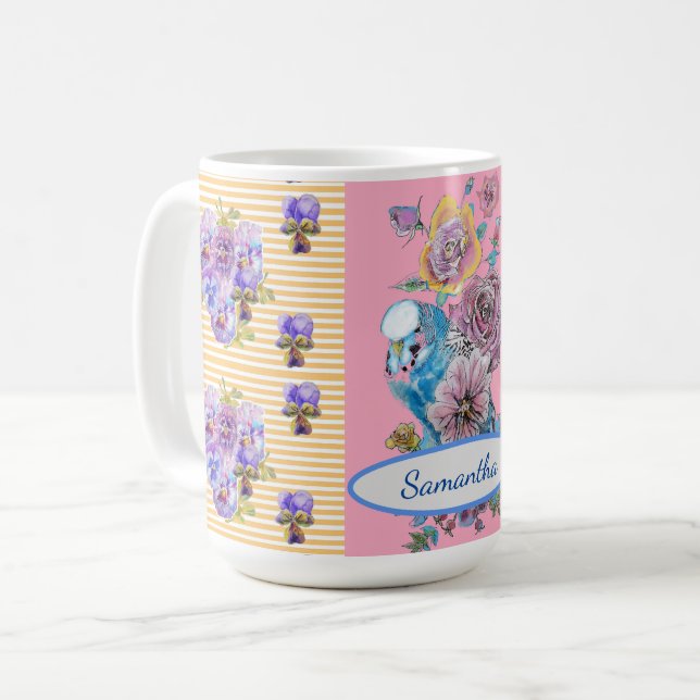 Taza floral de pájaros Budgie rosa azul pintada a  (Anverso izquierdo)