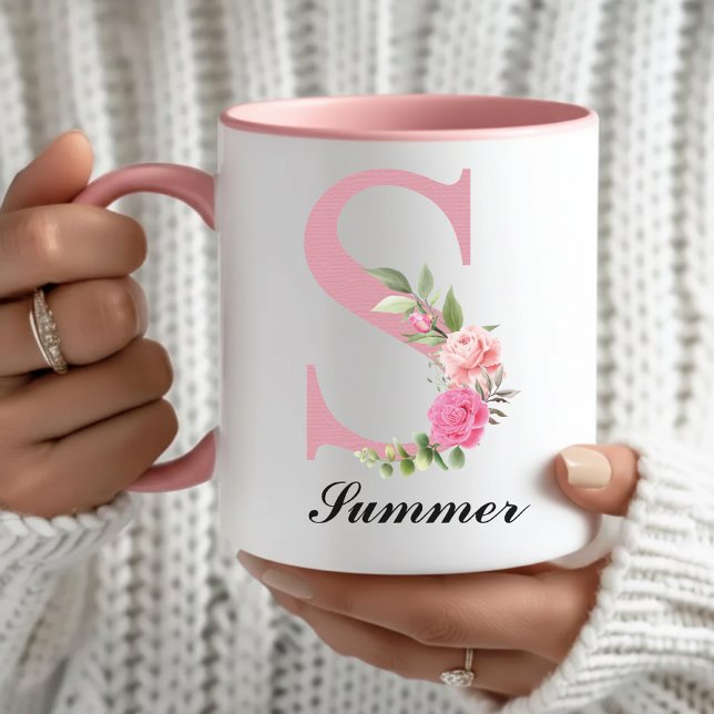 Taza floral de rosas personalizadas regalo del día (Custom Floral Rose Mug Bridal Shower Gift for Her, Rose Monogram Coffee Mug Bridesmaid Proposal Gift)