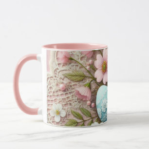 Taza Floral encaje rosa pastel huevos de Pascua y flore