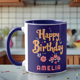 Taza Floral Flowers Happy Birthday Handlettering