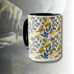 Taza Floral Folk Naranja Amarillo Antiguo Hoja Azul