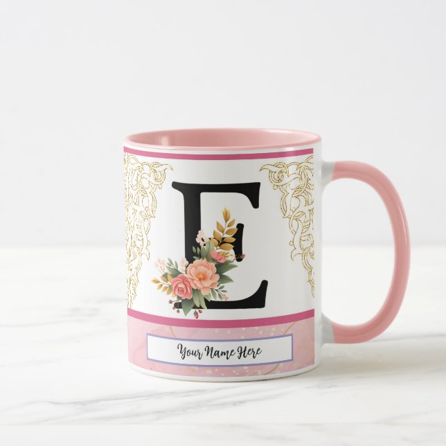 Taza Floral Letter E Mug – Personalized Initial Cup wit (Derecha)