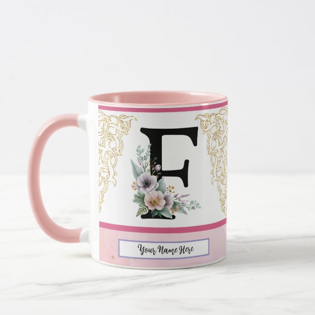 Taza Floral Letter F – Personalized with Name Coffe Mug (Izquierda)