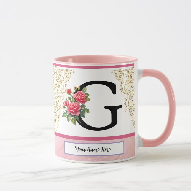 Taza Floral Letter G Mug – Custom Name Monogram Cup (Derecha)