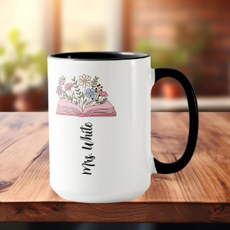 Taza Floral Minimalista Violeta/Rosa Libro Personalizab