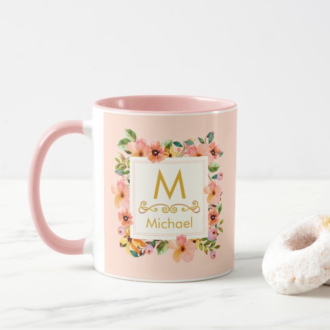 Taza Floral Monogram I Custom Name & Gold Initial Gift (Con donut)