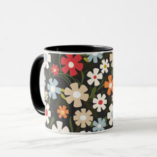 Taza Floral Multicolor Juguetón sobre Fondo Negro